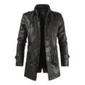 Hommes hiver long PU veste en cuir col montant doublure polaire manteau chaud hivers. - M / DL463 Café