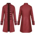Men's vintage retro long coat back and front detail view, elegant stage costume design. - Jacquard Medieval Men's Clothing [Wine Red]