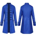 Men vintage stand collar long coat solid color stage costume jacket retro outerwear - S / Jacquard Medieval Men's Clothing [Blue]