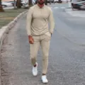 Men's long sleeve polo shirt and trousers casual tracksuit set in light khaki color variant. - S / Set / Khaki (Long Sleeves)