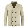 Men's khaki knit cardigan sweater with shawl collar and double-breasted buttons, casual autumn wear. - M / Beige