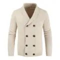 Men's casual knit cardigan sweater with shawl collar and double-breasted buttons in beige. - M / Off White