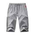 Men summer casual linen shorts straight leg solid color drawstring beach trousers new - L / Gray