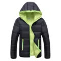 Men's winter hooded puffer jacket featuring a vibrant green inner lining and convenient zip pockets. - M / Black + Green