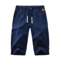 Men's casual linen shorts summer solid color drawstring straight five-point pants daily - L / Navy Blue