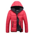 Men winter thickened hooded puffer jacket casual warm zip coat outer wear winter clothes - M / Red + Black