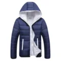 Men winter hooded puffer jacket detail view, thick warm casual outerwear with white lining. - M / Navy Blue And White