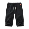 Heren zwarte casual linnen korte broek effen kleur elastische taille trekkoord - Zwart