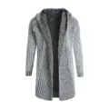 Men's Black White Knit Hooded Cardigan Casual Mid-Length Long Sleeve Sweater Coat - M / Gray