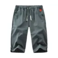 Men's summer casual linen five-point shorts with elastic drawstring straight leg. - L / Dark Green