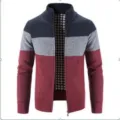 Detail view of the men's color-block knitted cardigan, showing the zipper and inner fleece. - M / Tops / Black Red