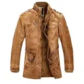 Heren vintage gewassen PU leren jas met fleece voering en opstaande kraag detail - M / Tops / Teder Geel