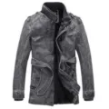 Heren halflange gewassen PU lederen jas met fleece voering, opstaande kraag en riem. - M / Tops / Zwart