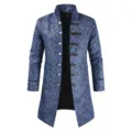 Men vintage steampunk long trench coat blue floral brocade stand collar gothic outerwear - Blue