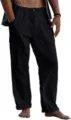 Men casual linen trousers detail view showing elastic drawstring waist and deep side pockets. - S / Bottoms / Black