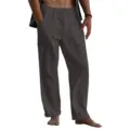 Casual linen pants detail showing elastic drawstring waist and side pockets for men summer beach. - S / Dark Gray