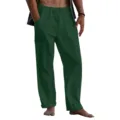 Men's casual loose linen trousers featuring an elastic drawstring waist and side pockets. - S / Dark Green