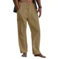 Detailed view of men casual linen trousers with elastic drawstring waist and practical deep pockets. - S / Turmeric
