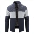 Men's knitted cardigan detail view, featuring a colorblock design and full zip front closure. - M / Tops / Grey Black