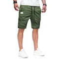 Detailed view of men's casual green shorts, lightweight woven fabric, comfortable summer wear. - M / Bottoms / Green