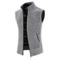 Men grey knit vest detail showing stand collar, front zipper, and warm plaid fleece lining. - M / Tops / Light Gray