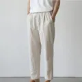Men casual linen trousers detail view in beige color, comfortable elastic waist fit. - S / Beige