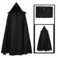 Cape médiévale noire avec capuche, idéale pour Halloween, sorcier, chevalier et jeux de rôle. - S / Cape médiévale noire à trois boutons