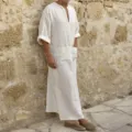 Ανδρικό μακρύ λινό τουνίκ με λαιμόκοψη V casual χαλαρό t-shirt σε λευκό χρώμα! - S / Tops / Ζαχαρί