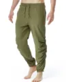 Detail view of mens casual cotton linen pants with elastic drawstring waist in army green. - S / Army Green