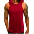 Gedetailleerd aanzicht donkerrode heren sporttanktop met capuchon, mouwloos ademend fitnessshirt. - M / Tops / Rood