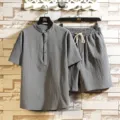 Men linen short sleeve shirt and shorts set casual mandarin collar grey summer suit - M / Gray