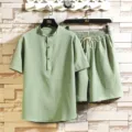 Men's casual linen short sleeve shirt and shorts set mandarin collar solid color two-piece - Green