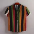 Chemise homme lin manches courtes col mao rayé ethnique haut décontracté été mode - S / Vert