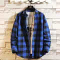 Men's blue and black plaid long sleeve shirt with white inner t-shirt casual spring outerwear. - M / Blue Black Plaid