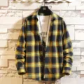 Men's casual long sleeve plaid shirt, vintage yellow and blue checkered button down top. - Yellow Blue Green Plaid