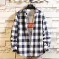 Men's blue and white checkered long sleeve shirt casual button down shirt with white tee - M / Blue White Plaid