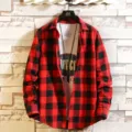 Men's red and black plaid long sleeve button-up shirt with white graphic t-shirt. - M / Red Black Plaid