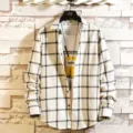 Men's casual long sleeve black and white plaid shirt with inner t-shirt for daily wear. - Black White Plaid