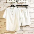 Men's linen short sleeve set casual solid color mandarin collar shirt and shorts variant. - M / White