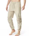Men casual cotton linen trousers elastic drawstring waist solid color jogger pants - S / Khaki