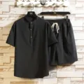 Men's casual short sleeve linen shirt and shorts set solid color Chinese style summer wear - M / Black