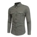 Men's casual long sleeve military cargo shirt with double pockets and shoulder epaulets. - S / Army Green