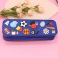 Blue silicone pencil case with cute 3D sports balls charms, waterproof and durable. - Ink Blue