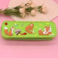 Green silicone pencil case with cute cartoon fox pattern, waterproof student stationery bag. - Grass Green