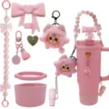 Ensemble d'accessoires pour gobelet Stanley rose avec pendentif peluche et lanière. - Ensemble de 8 pièces nœud cœur rose