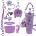 Lila Stanley Becher Silikon Zubehör Set mit Perlenriemen und süßen Plüsch Bär Anhängern. - Lila Begonie 8er-Set