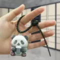 Flocked panda doll keychain cute bag pendant soft rubber car key ring accessory gift. - Flocked Panda with Milk Tea