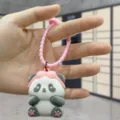 Flocked panda doll keychain with pink beaded strap cute bag pendant accessory for car keys. - Flocked Panda with Bow