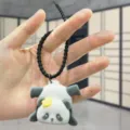 Flocked panda plush keychain cute bag pendant fluffy animal toy charm accessory key ring - Flocked Handstand Panda