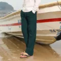 Pantalon décontracté en lin pour homme multi-poches vue détaillée, pantalon d'été tendance. - Vert Foncé